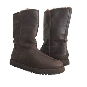 UGG Womens 9 Brown Leather Mid Calf Boots Shearling Lined Cozy Winter Boho Chic